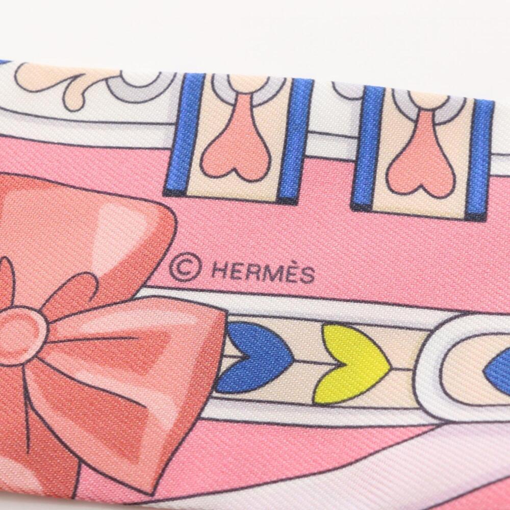 Hermes Twilly HARNAIS DE COEUR Ribbon Scarf Muffler Silk Women's Pink Multicolor - Picture 4 of 5